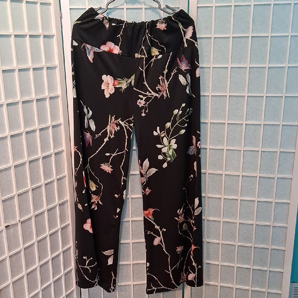 Floral Black Wide Leg Women's Pants 6720